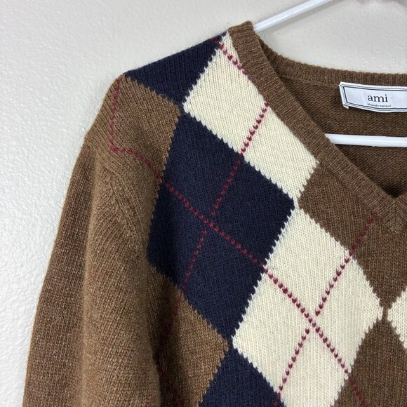 Ami Alexandre Mattiussi Argyle V Neck Sweater Camel Size Medium Preppy - Picture 2 of 7